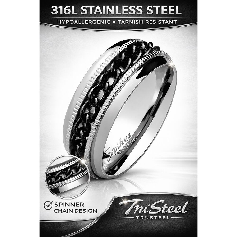 Black PVD Chain Center Spinner and Diacut Lined Stainless Steel Ring size 10